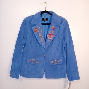 Floral Embroidered Blue Suede Blazer